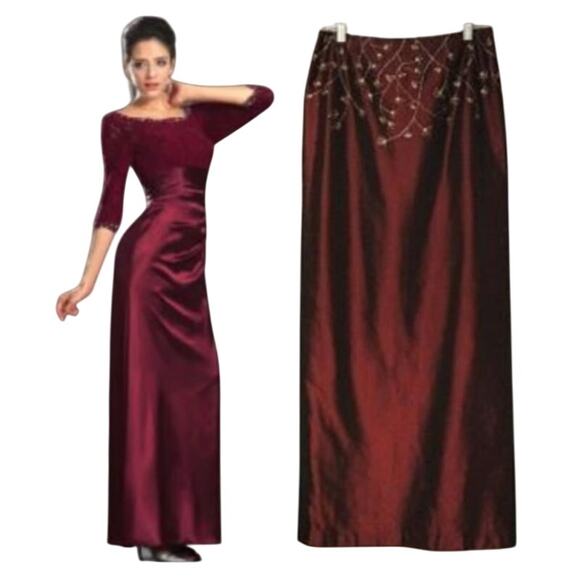 Laundry Shelli Segal Satin Maxi Skirt Sz 6 Red BURGUNDY BEADED Embroidery Party - Picture 8 of 8